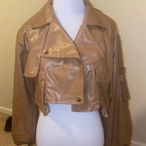 Tan Faux Leather Crop Biker Jacket